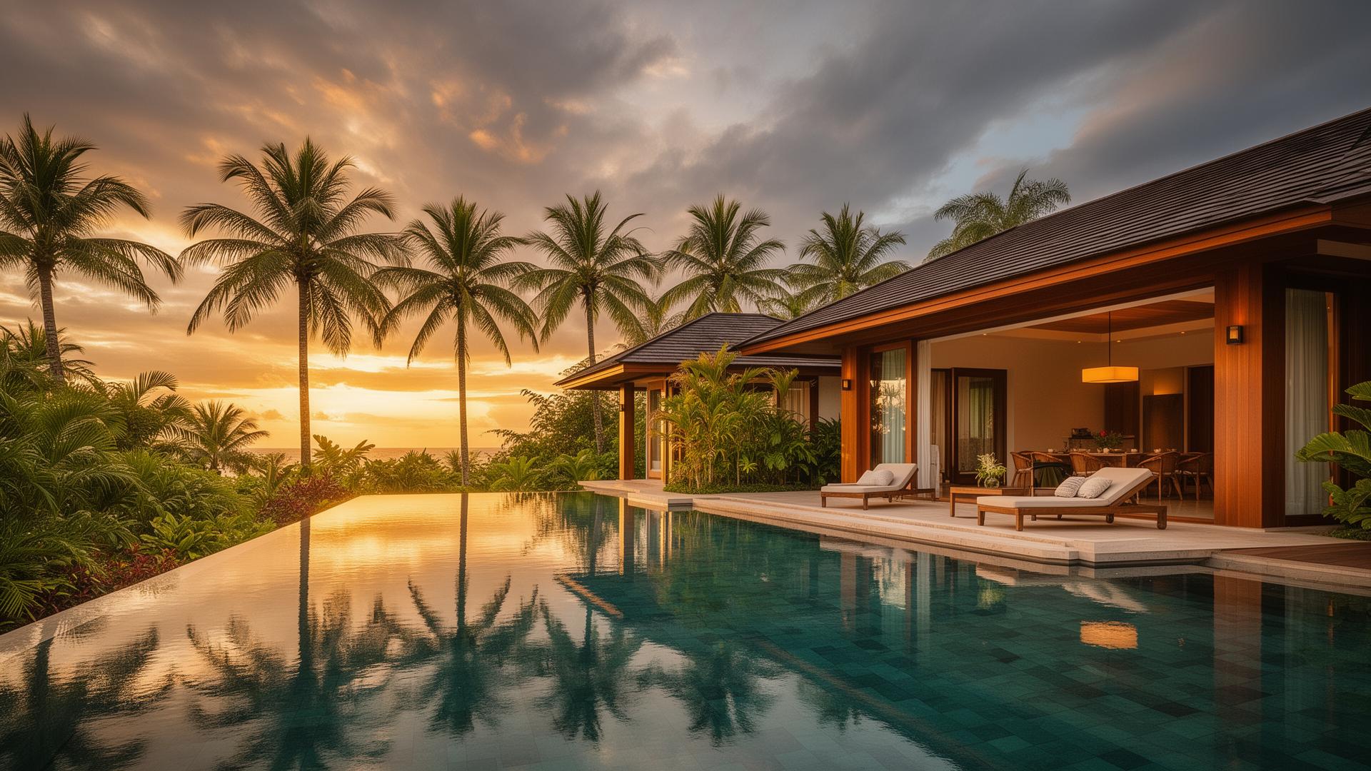 Tropical Philippine vacation villa at golden hour with infinity pool and palm trees